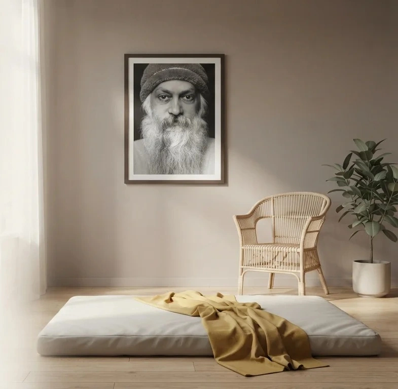 Ein menschenleerer Massageraum mit Bodenmatratze, Korbsessel, gelber Decke und einem gerahmten Schwarz-Weiß-Porträt von Osho.